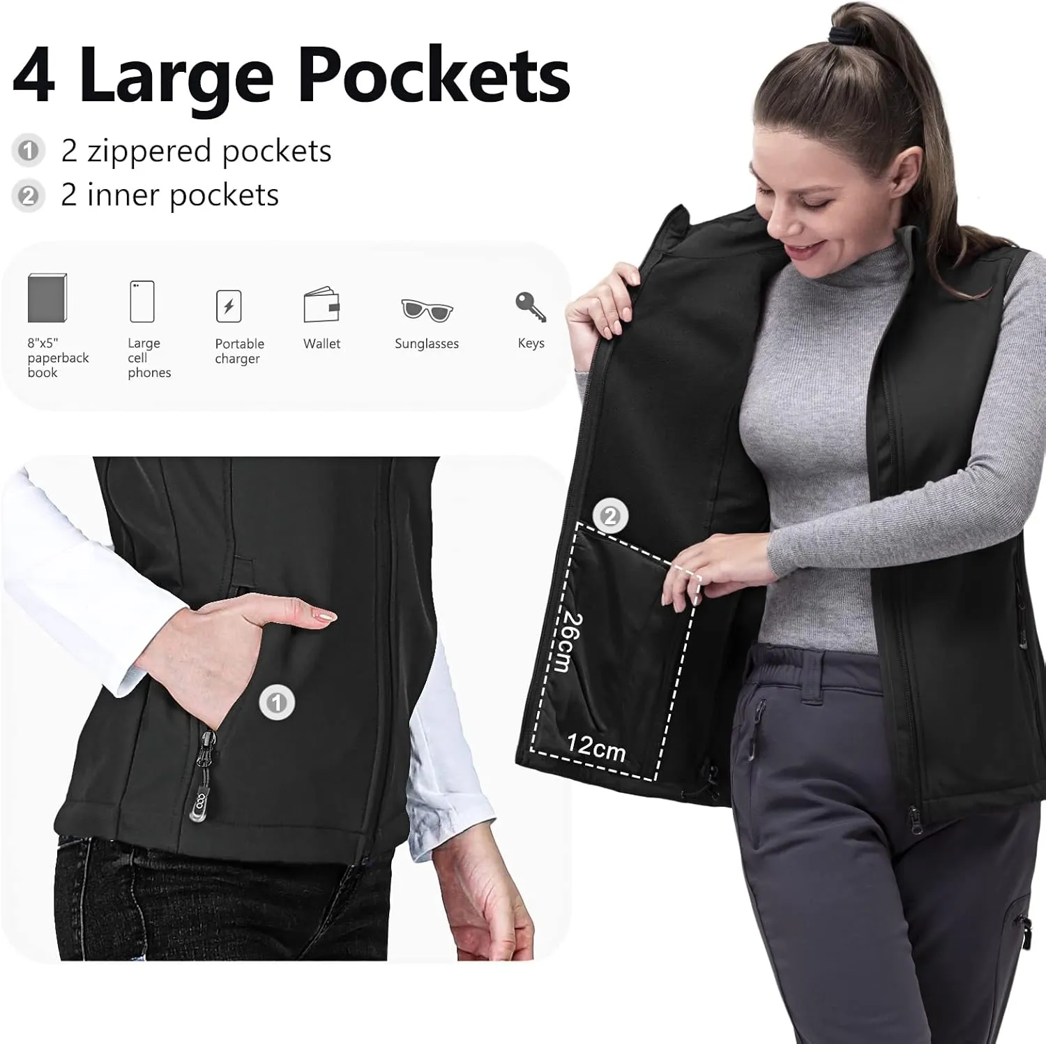 33,000ft Women's Running Vest Fleece Lined Zip Up Windproof Lightweight Softshell Vests Outerwear for Golf Hiking Sports