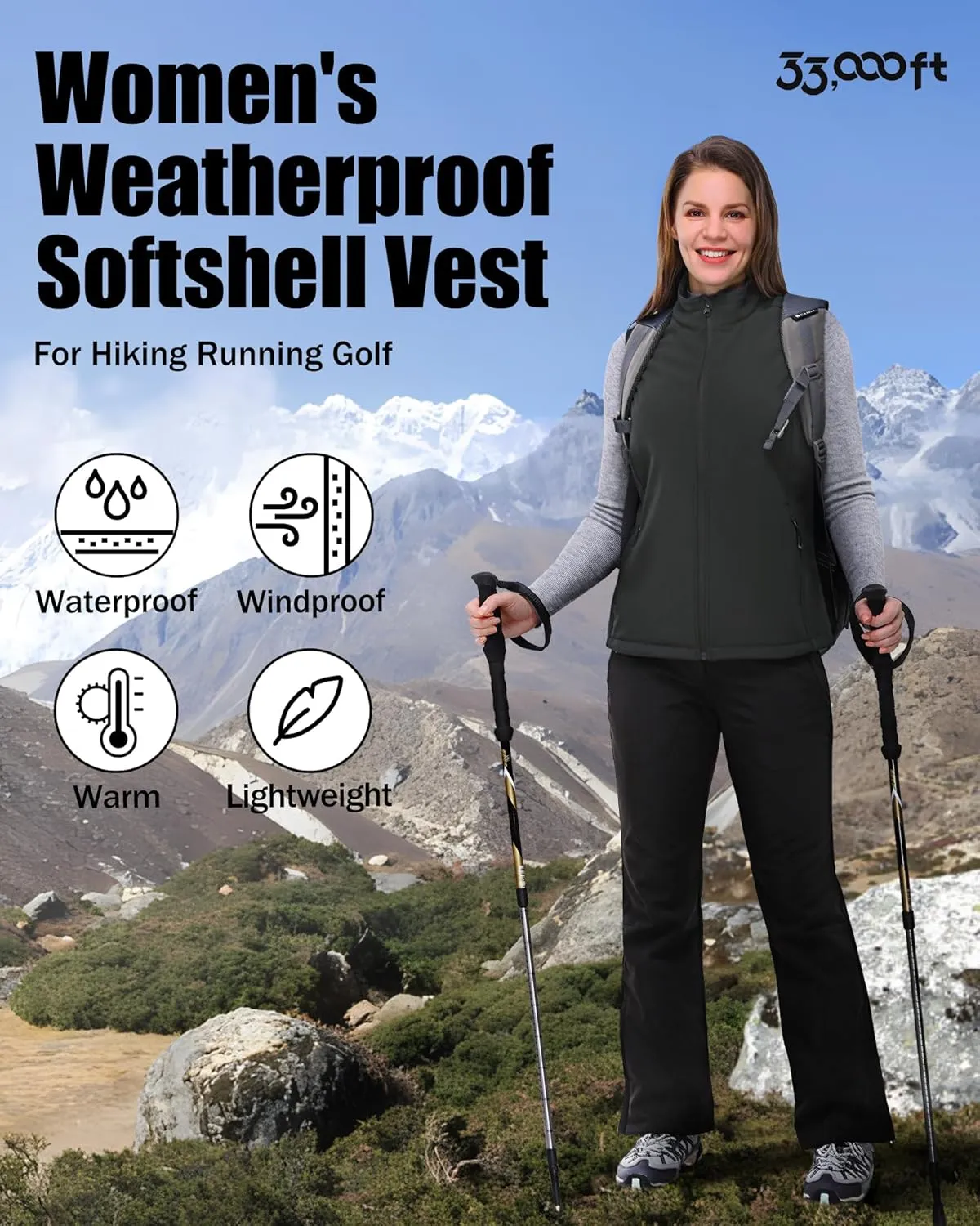 33,000ft Women's Running Vest Fleece Lined Zip Up Windproof Lightweight Softshell Vests Outerwear for Golf Hiking Sports