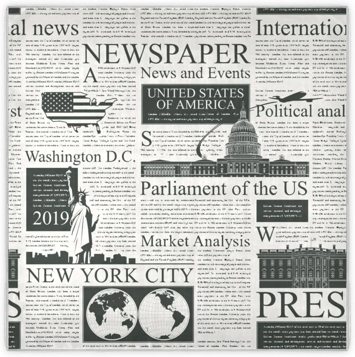 35" Square Neck Scarf Headscarf Lightweight Women Silk Like Curly Headband Tie Sleeping at Night Fashion Bandana American Newspapers