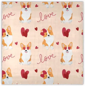35" Square Neck Scarf Headscarf Lightweight Women Silk Like Curly Headband Tie Sleeping at Night Fashion Bandana Corgis and Hearts