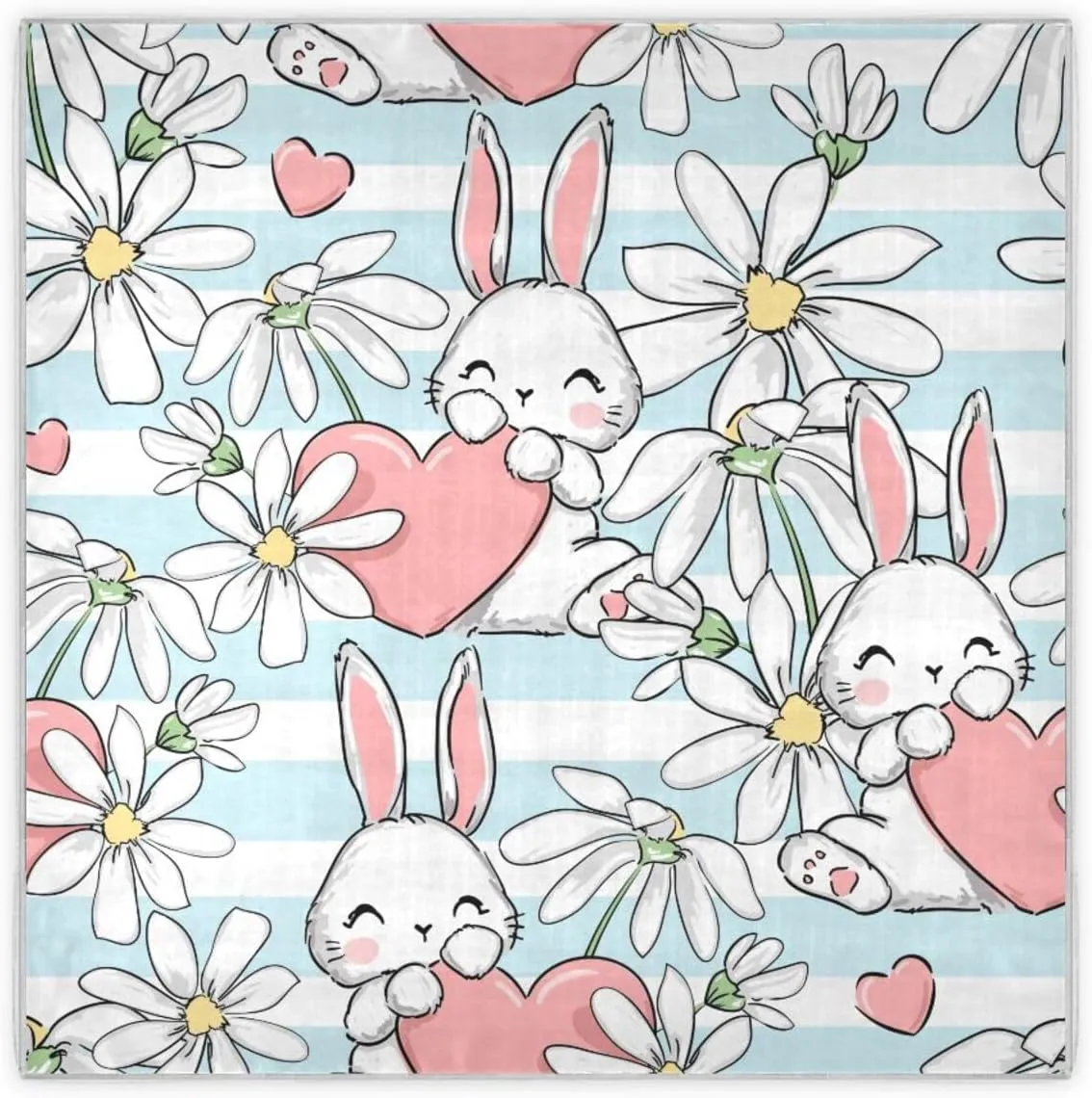 35" Square Neck Scarf Headscarf Lightweight Women Silk Like Curly Headband Tie Sleeping at Night Fashion Bandana Cute Rabbits and Flower