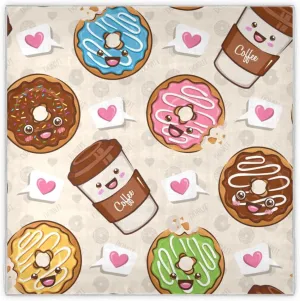 35" Square Neck Scarf Headscarf Lightweight Women Silk Like Curly Headband Tie Sleeping at Night Fashion Bandana Donut and Coffee Cup Cute Cartoon