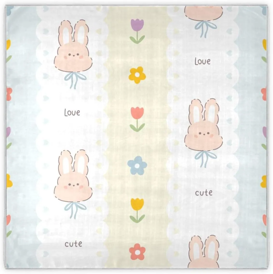 35" Square Neck Scarf Headscarf Lightweight Women Silk Like Curly Headband Tie Sleeping at Night Fashion Bandana Kawaii Bunny Rabbit and Flowers