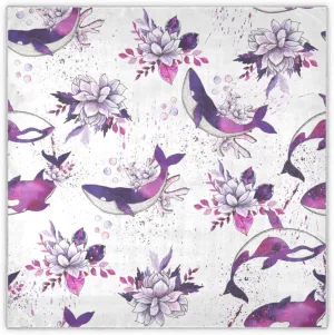 35" Square Neck Scarf Headscarf Lightweight Women Silk Like Curly Headband Tie Sleeping at Night Fashion Bandana Ocean Watercolor Dolphin Flowers