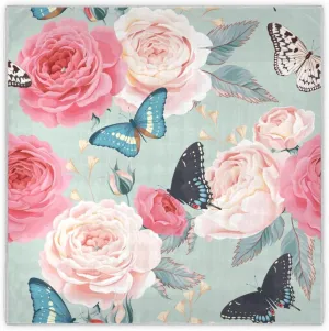 35" Square Neck Scarf Headscarf Lightweight Women Silk Like Curly Headband Tie Sleeping at Night Fashion Bandana Peony Roses and Butterflies