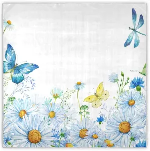 35" Square Neck Scarf Headscarf Lightweight Women Silk Like Curly Headband Tie Sleeping at Night Fashion Bandana White Daisies Butterflies