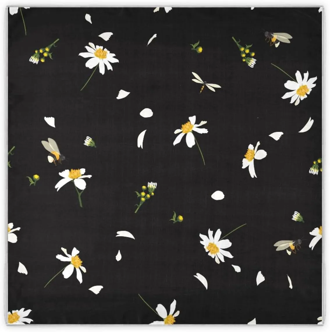 35" Square Neck Scarf Headscarf Lightweight Women Silk Like Curly Headband Tie Sleeping at Night Fashion Bandana White Daisy Flower Black