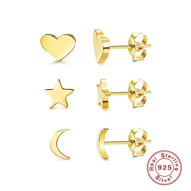 3PC 925 Sterling Silver Star Triangle Stud Earrings