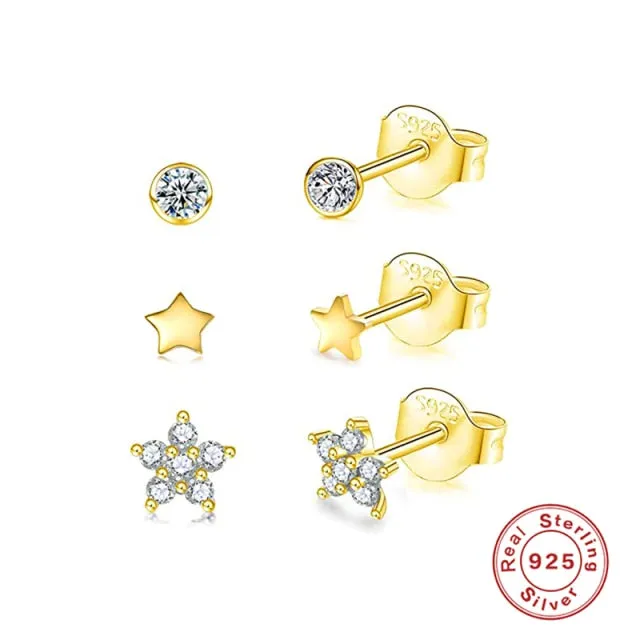 3PC 925 Sterling Silver Star Triangle Stud Earrings
