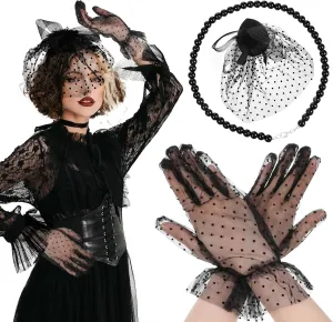 3Pcs 1920s Tea Party Accessories for Women, Black Fascinators Hats Veil Tea Party Hat with Lace Gloves Faux Pearl Necklace for Wedding Party