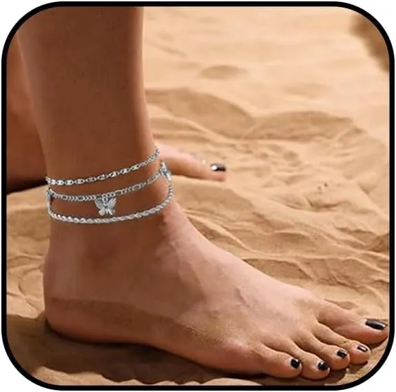 3PCS Gold Ankle Bracelets for Women Dainty Butterfly Ankle Silver Cuba Link Anklets Layered Waterproof Anklet Adjustable Non Tarnish Anklets Ocean Beach Jewelry Set