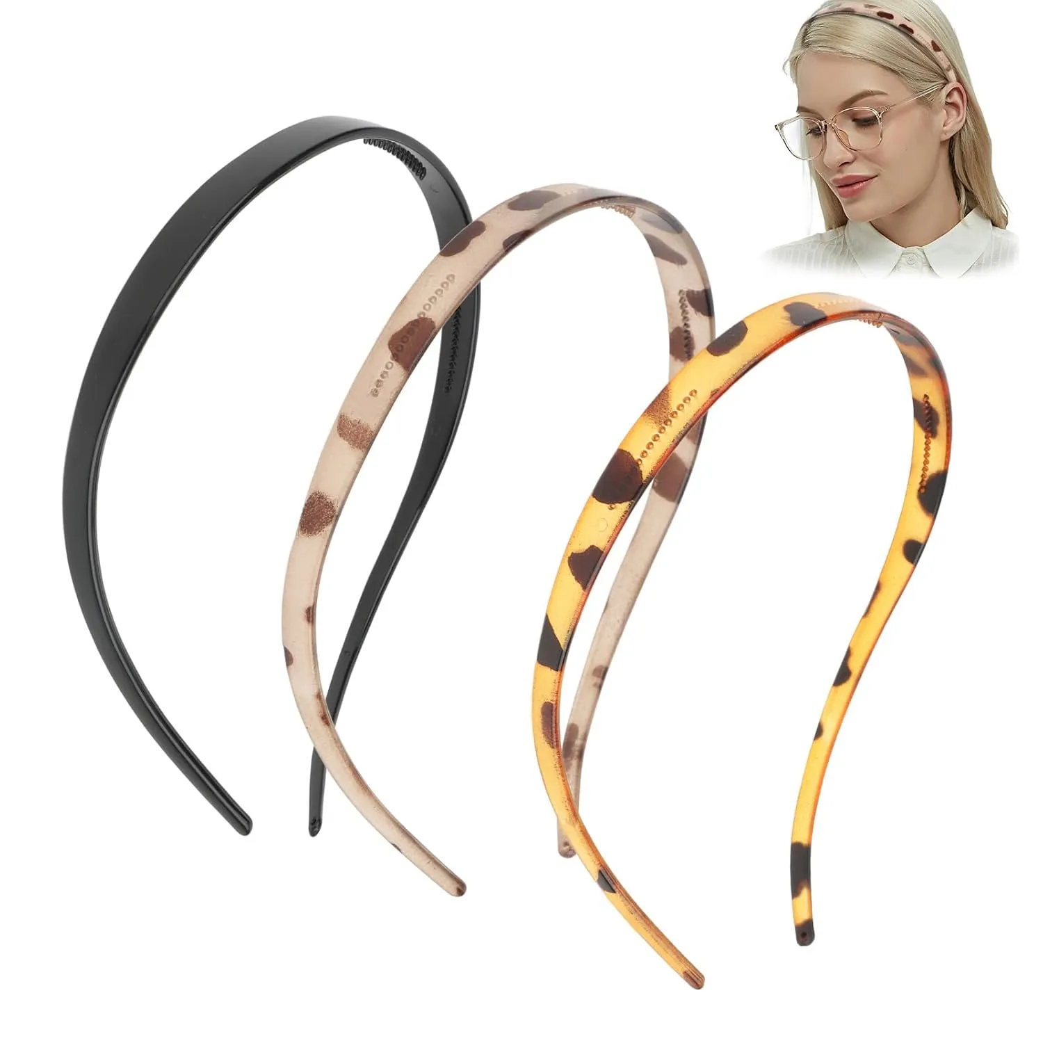 3PCS Sunglasses Headbands for Women, No Pressure No Headache Headbands Thin Headband with Teeth Non Slip,Leopard Pattern Comfortable Plastic Headband for Women Girls