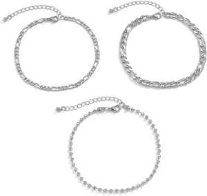 3Pcs Women Adjustable Beach Layered Ankle Bracelets Bead and Figaro Chain Anklets Silver Beach Anklet Adjustable Foot Jewelry for Girls, 27CM
