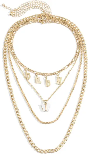 4 Layered Layered Chain Necklace, Link Cuban Chain Butterfly Initial Gold Necklace Chain Layered for Women