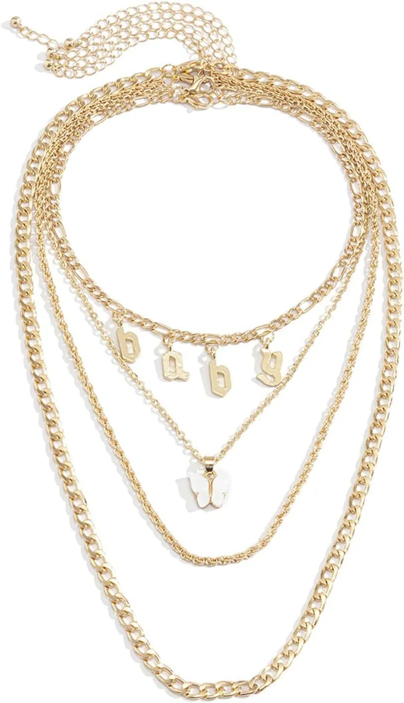 4 Layered Layered Chain Necklace, Link Cuban Chain Butterfly Initial Gold Necklace Chain Layered for Women