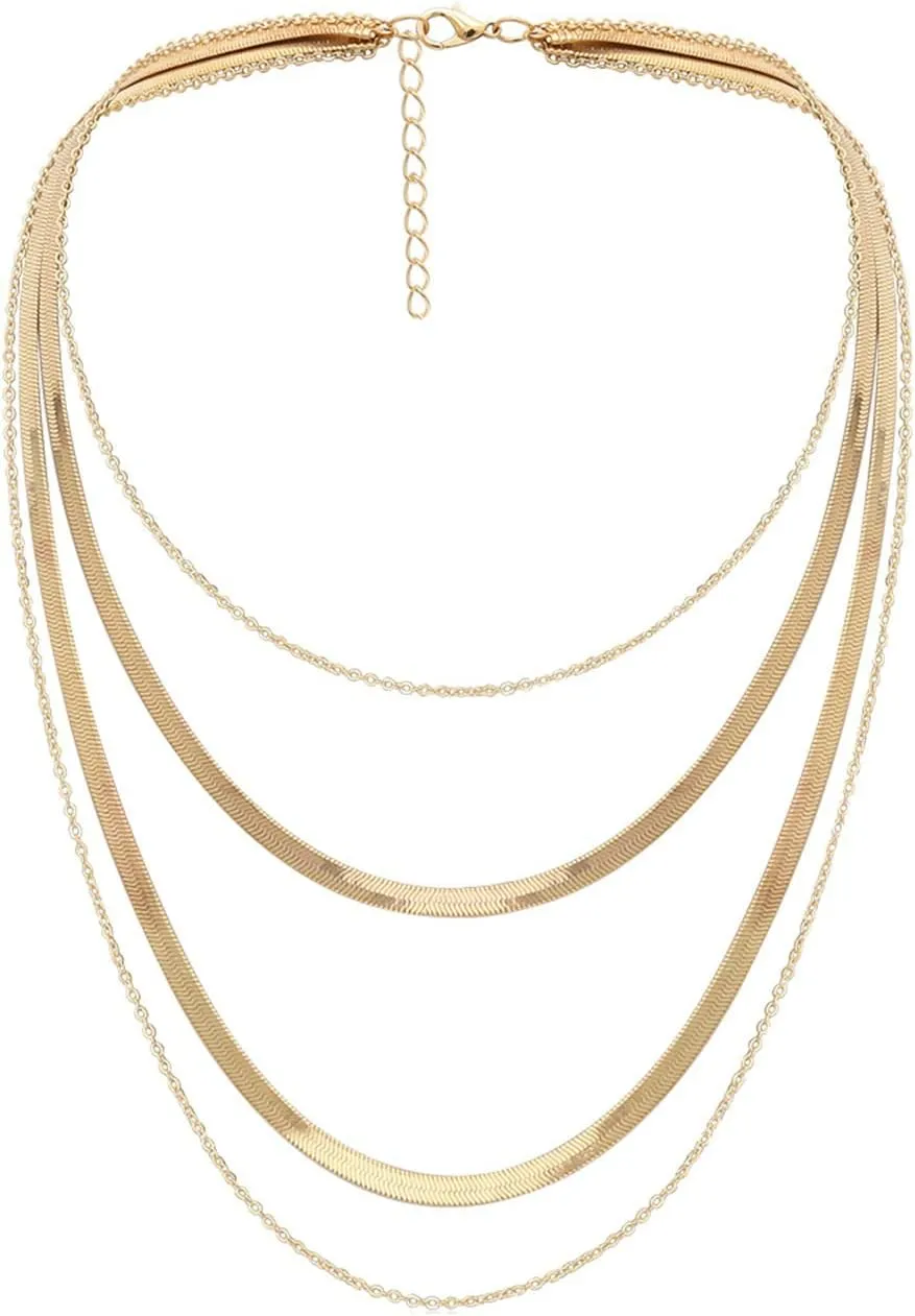 4 Layered Layered Necklace for Women Boho , Herringbone Snake Chain Layered Gold Necklaces for Women Trendy Dainty