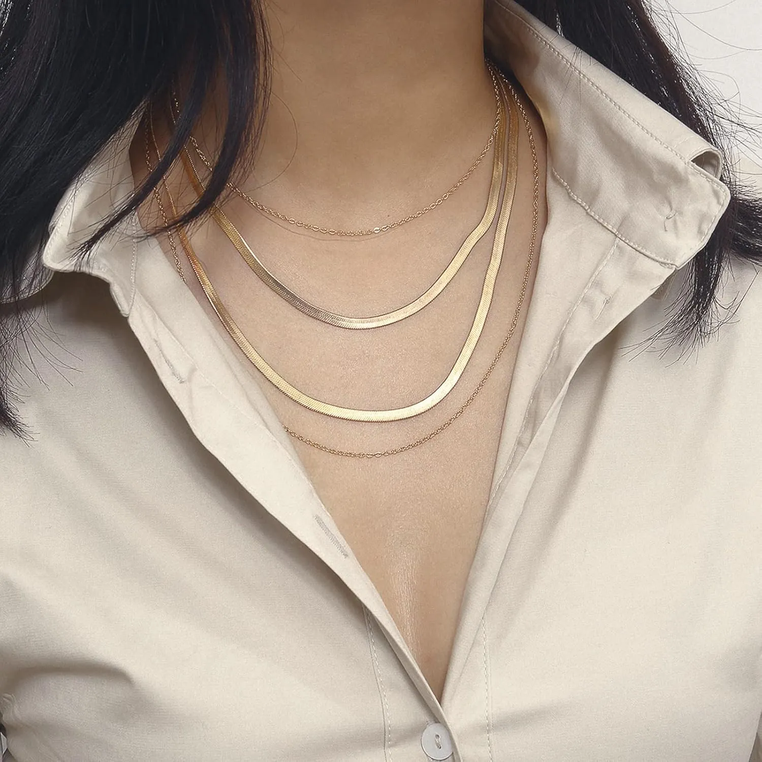 4 Layered Layered Necklace for Women Boho , Herringbone Snake Chain Layered Gold Necklaces for Women Trendy Dainty