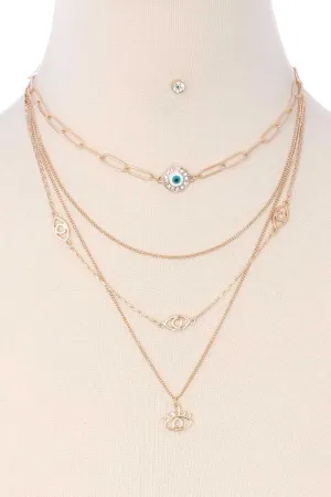 4 Layered Metal Chain Evil Eye Pendant Necklace Earring Set