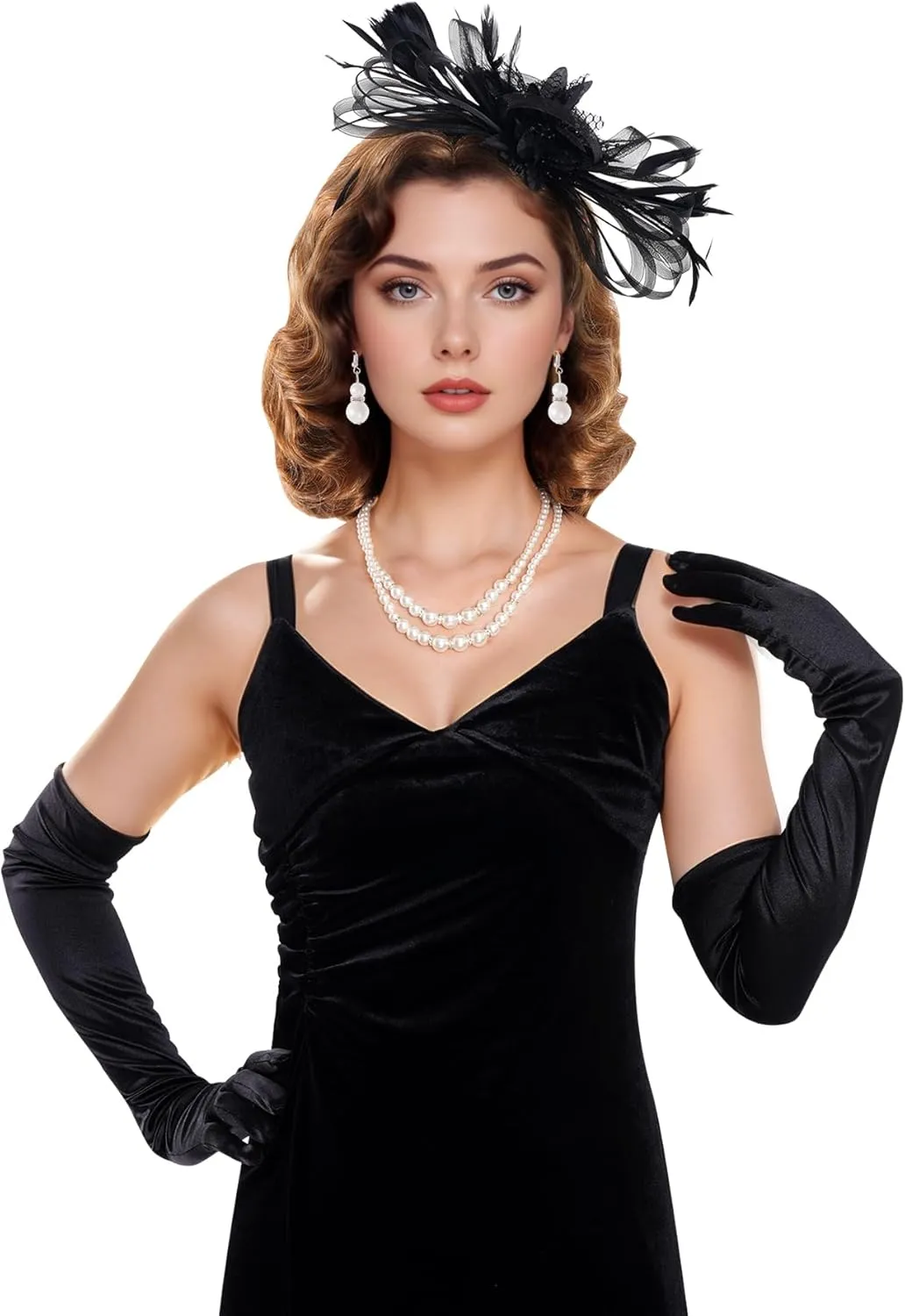 4 Pcs 1920s Fascinators for Women Flower Tea Party Hats Gloves Faux Pearl Jewelry for Halloween Wedding Cocktail Party