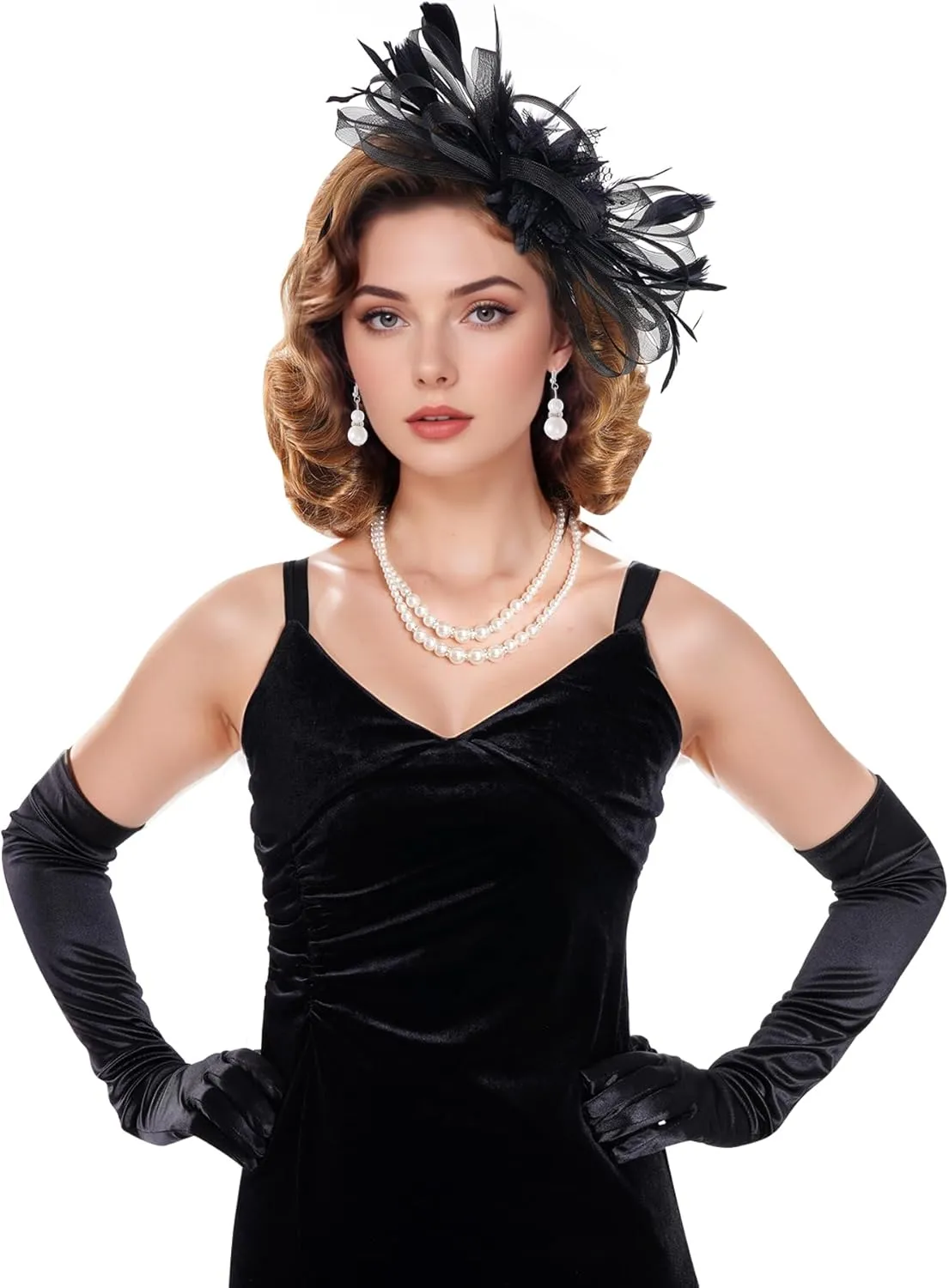 4 Pcs 1920s Fascinators for Women Flower Tea Party Hats Gloves Faux Pearl Jewelry for Halloween Wedding Cocktail Party