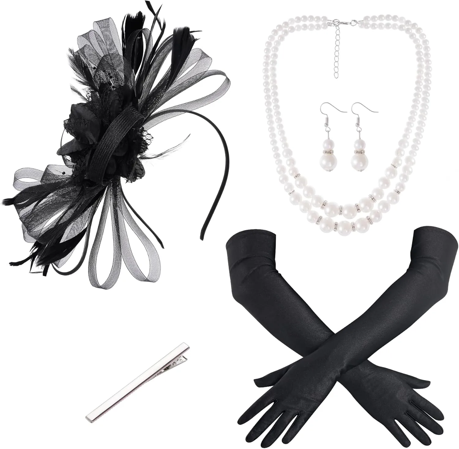 4 Pcs 1920s Fascinators for Women Flower Tea Party Hats Gloves Faux Pearl Jewelry for Halloween Wedding Cocktail Party