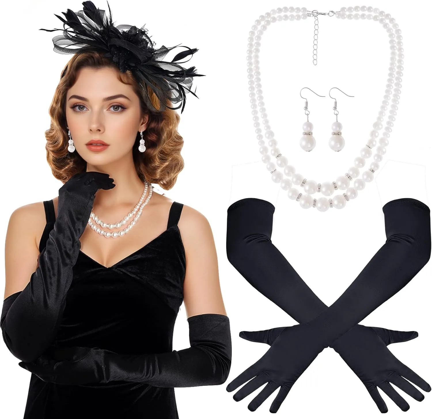 4 Pcs 1920s Fascinators for Women Flower Tea Party Hats Gloves Faux Pearl Jewelry for Halloween Wedding Cocktail Party