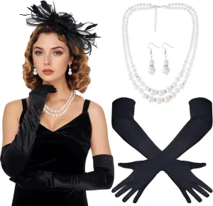 4 Pcs 1920s Fascinators for Women Flower Tea Party Hats Gloves Faux Pearl Jewelry for Halloween Wedding Cocktail Party