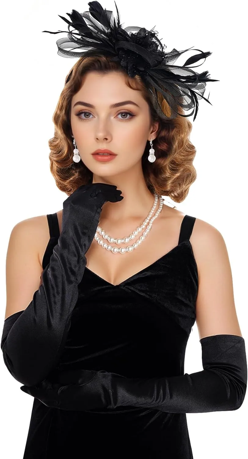 4 Pcs 1920s Fascinators for Women Flower Tea Party Hats Gloves Faux Pearl Jewelry for Halloween Wedding Cocktail Party