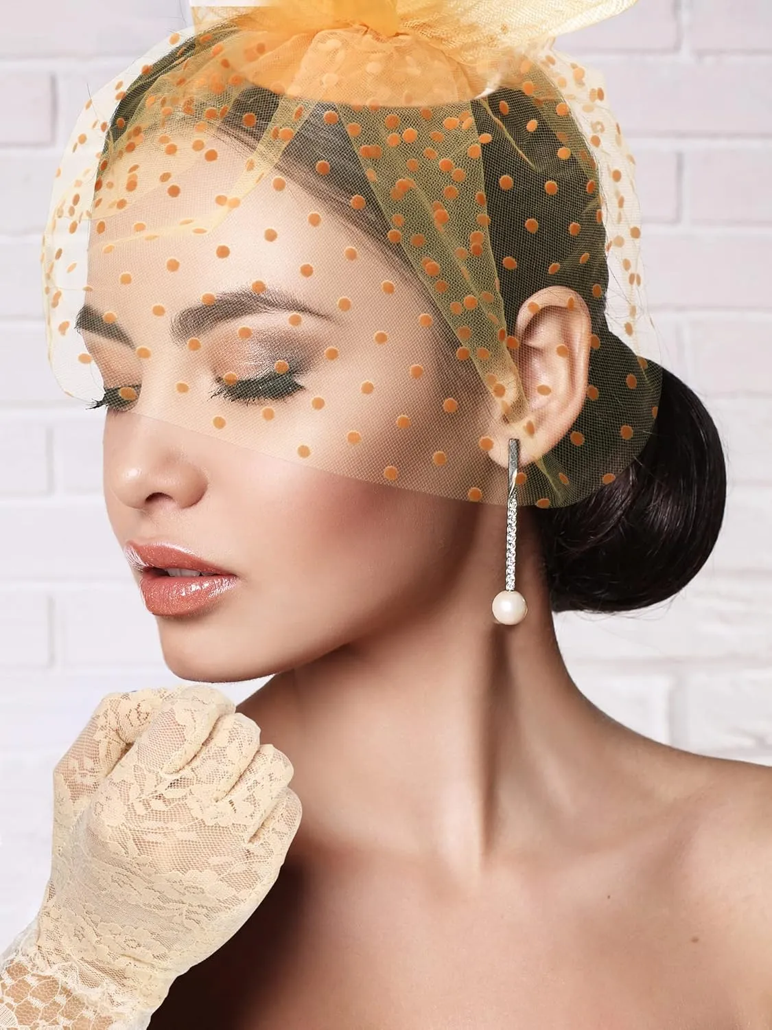 4 Pcs 50s Fascinators Hat for Women Tea Party with Short Lace Gloves Pearl Necklace Earrings for Christmas Funeral