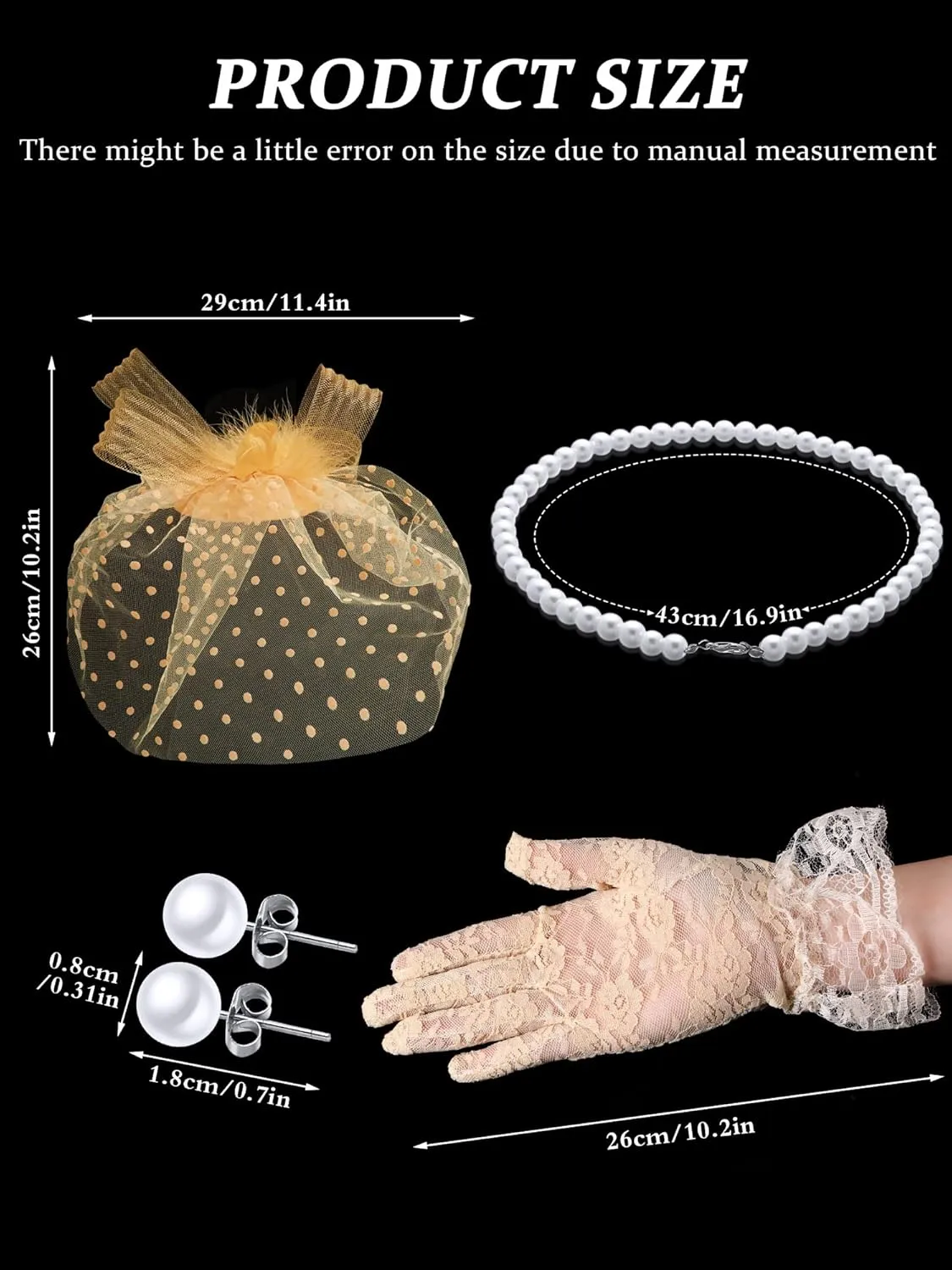 4 Pcs 50s Fascinators Hat for Women Tea Party with Short Lace Gloves Pearl Necklace Earrings for Christmas Funeral