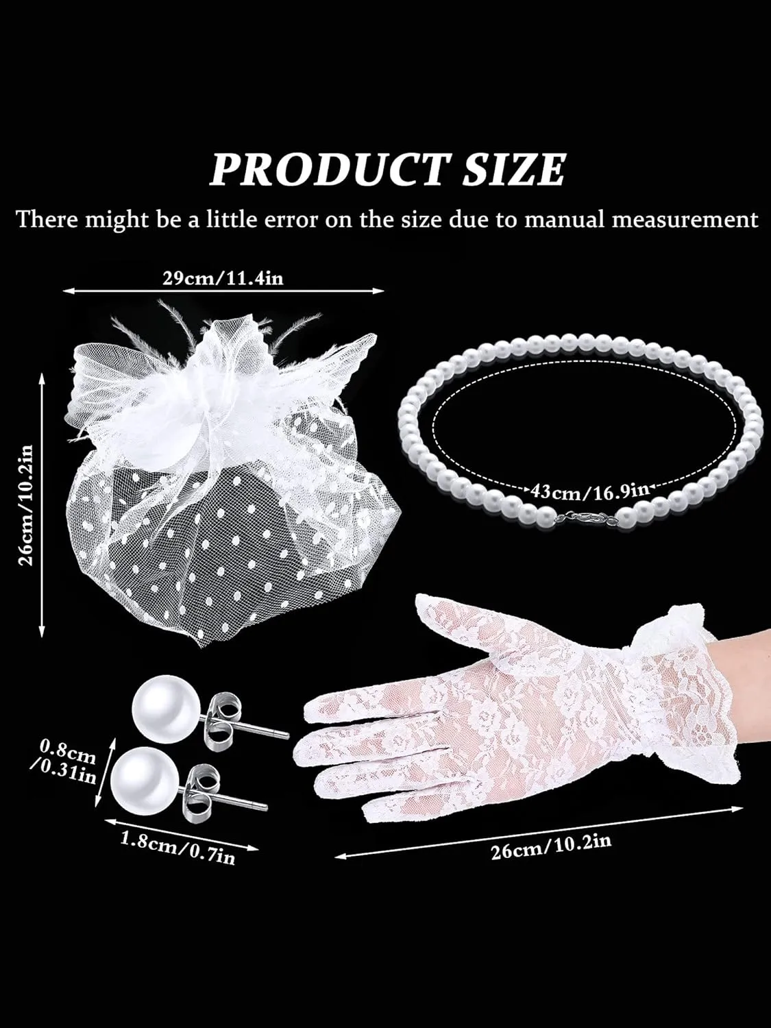 4 Pcs 50s Fascinators Hat for Women Tea Party with Short Lace Gloves Pearl Necklace Earrings for Christmas Funeral