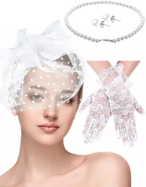 4 Pcs 50s Fascinators Hat for Women Tea Party with Short Lace Gloves Pearl Necklace Earrings for Christmas Funeral