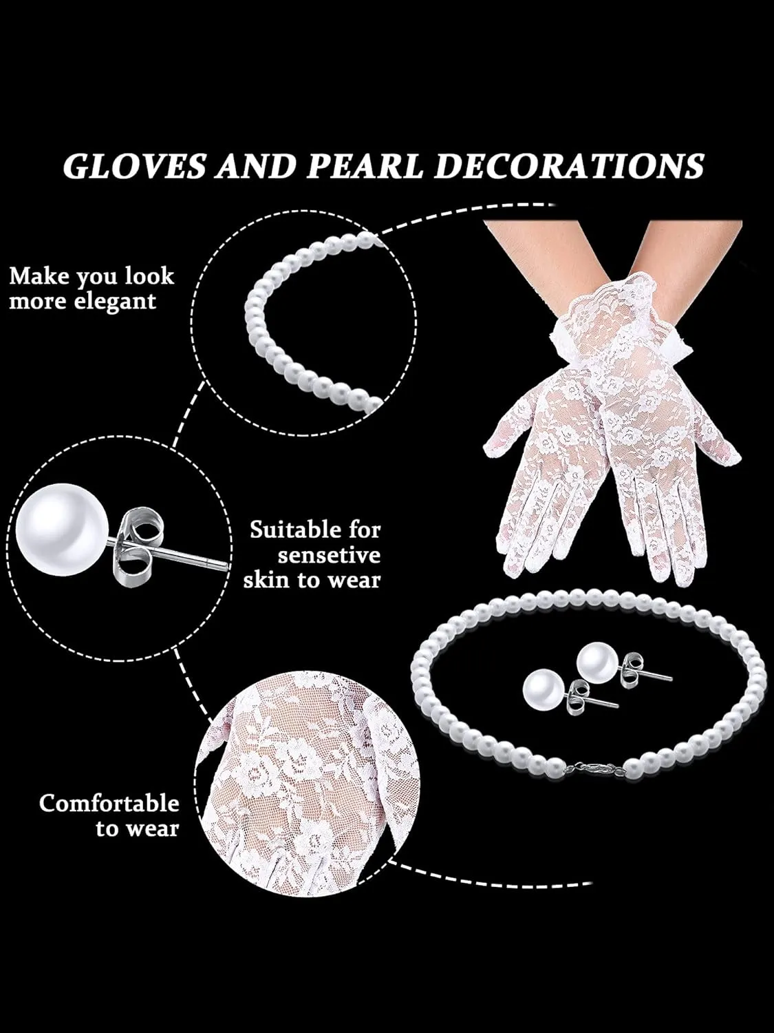 4 Pcs 50s Fascinators Hat for Women Tea Party with Short Lace Gloves Pearl Necklace Earrings for Christmas Funeral