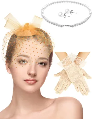 4 Pcs 50s Fascinators Hat for Women Tea Party with Short Lace Gloves Pearl Necklace Earrings for Christmas Funeral