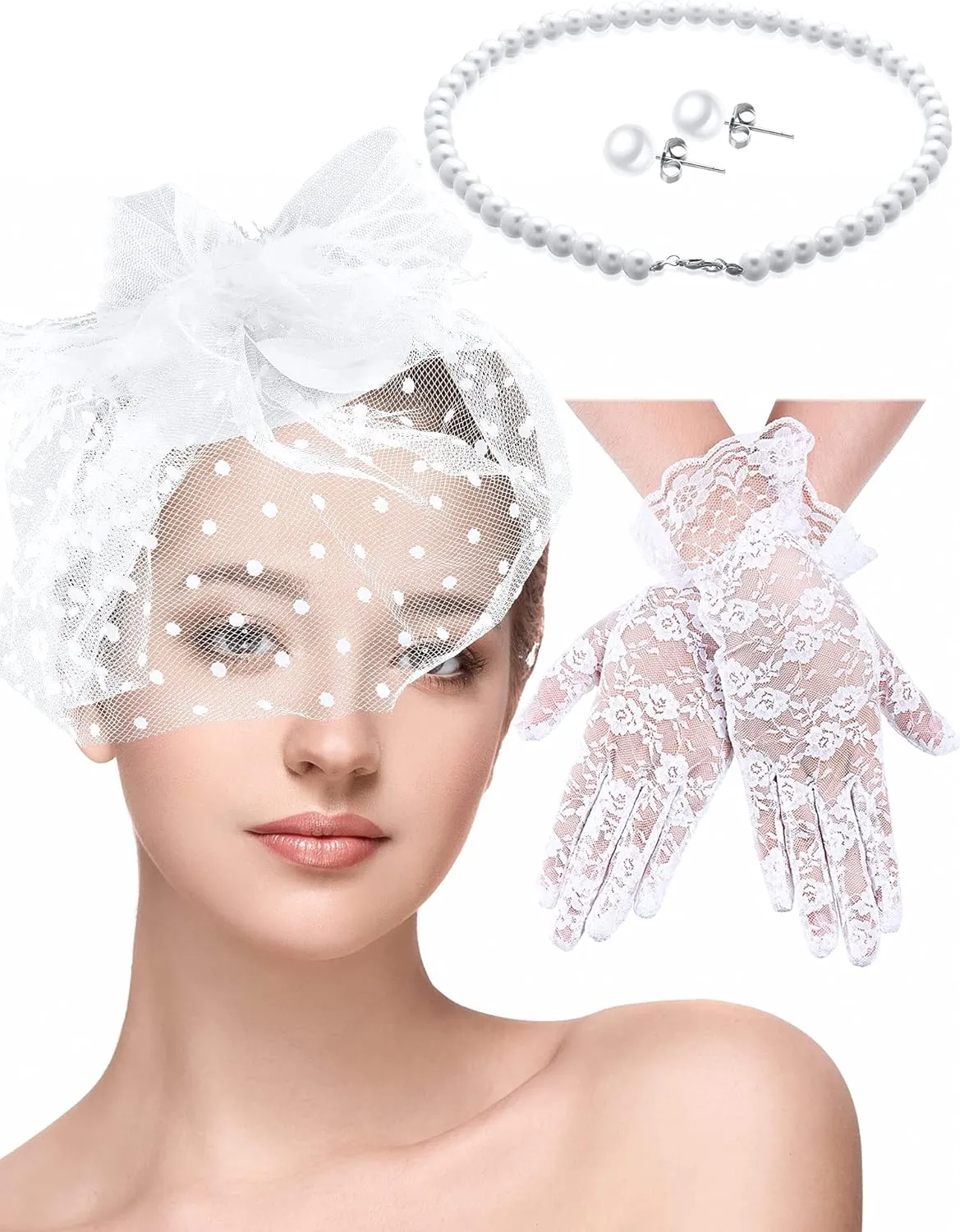 4 Pcs 50s Fascinators Hat for Women Tea Party with Short Lace Gloves Pearl Necklace Earrings for Christmas Funeral