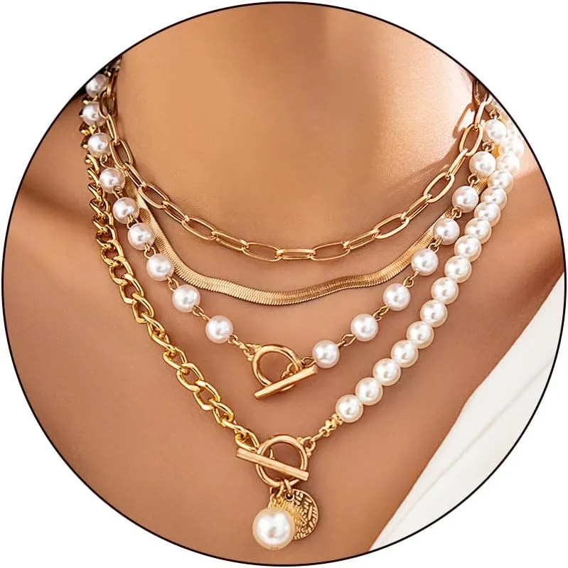 4 Pcs Gold Layered Necklaces for Women Chunky Layered Paperclip Chain Pearl Necklaces Adjustable Herringbone Toggle Clasp Choker Statement Chunky Gold Jewelry Gifts
