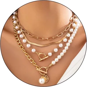 4 Pcs Gold Layered Necklaces for Women Chunky Layered Paperclip Chain Pearl Necklaces Adjustable Herringbone Toggle Clasp Choker Statement Chunky Gold Jewelry Gifts