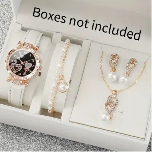4-Piece Women's Shiny Rhinestone Quartz Watch & Faux Pearl Jewelry Set | Elegant Gift for Mom or Her