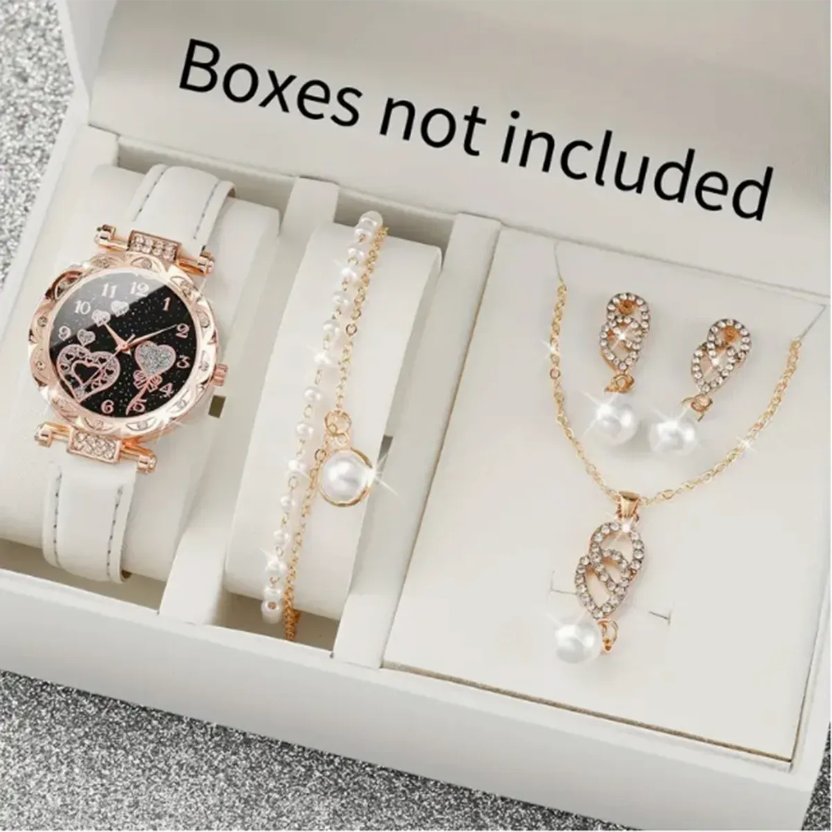 4-Piece Women's Shiny Rhinestone Quartz Watch & Faux Pearl Jewelry Set | Elegant Gift for Mom or Her