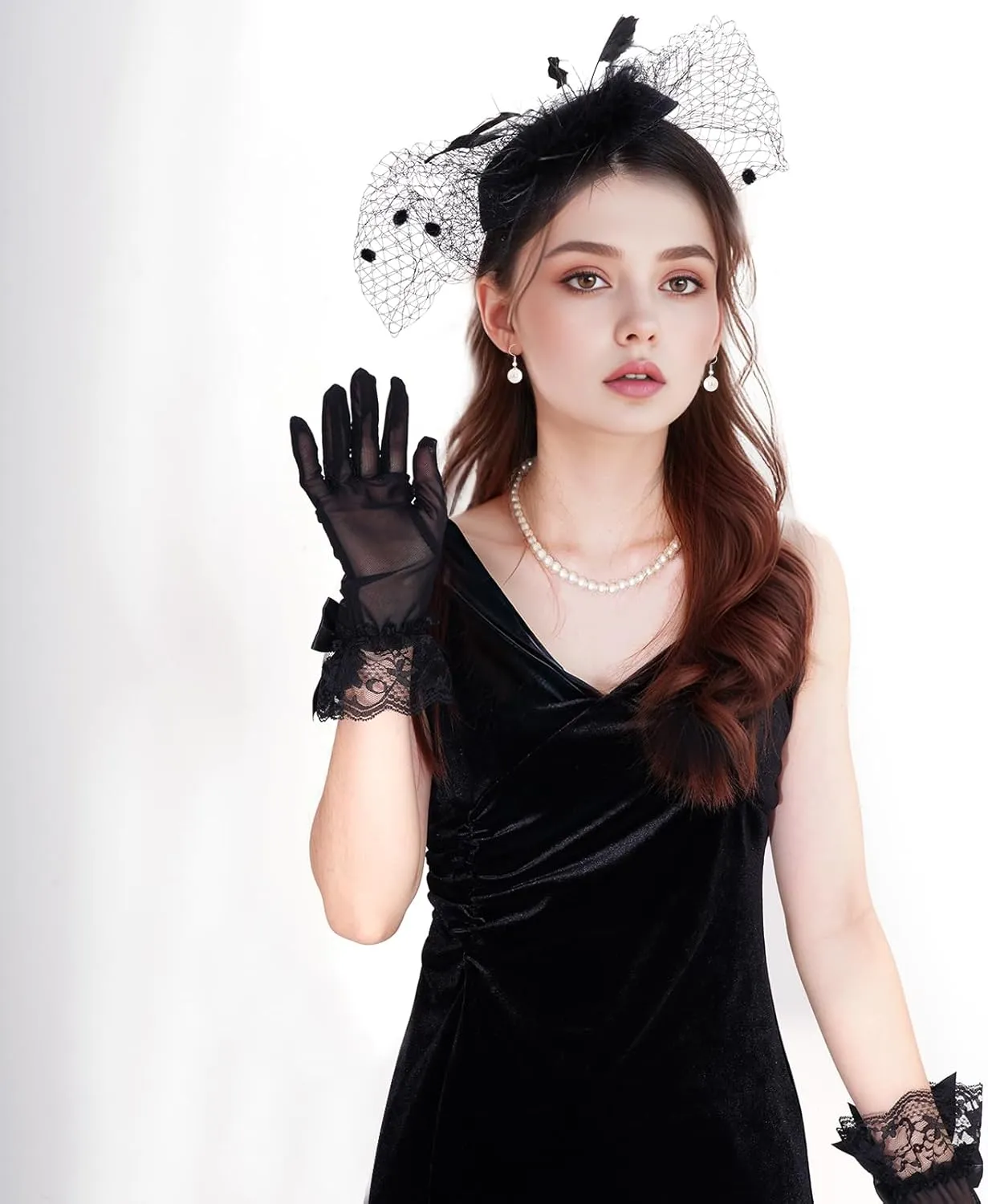 4 Pieces Fascinator Hat for Women Tea Party Include Mesh Hats Gloves Necklace Earring