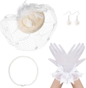 4 Pieces Fascinator Hat for Women Tea Party Include Mesh Hats Gloves Necklace Earring