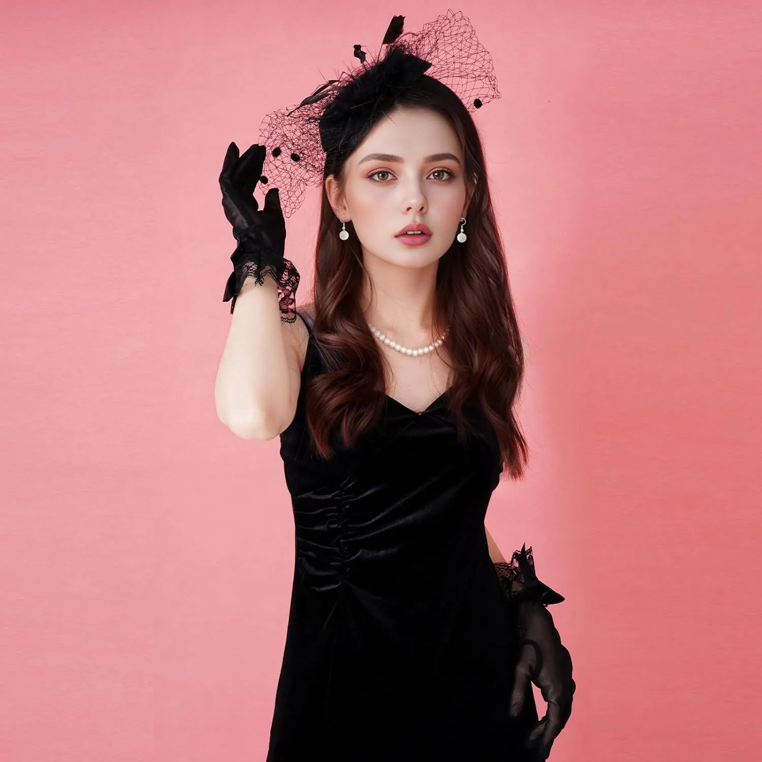 4 Pieces Fascinator Hat for Women Tea Party Include Mesh Hats Gloves Necklace Earring