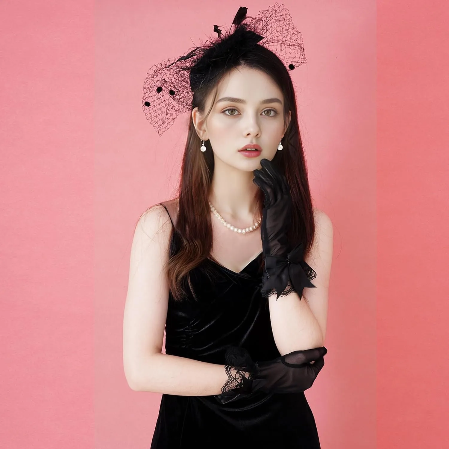 4 Pieces Fascinator Hat for Women Tea Party Include Mesh Hats Gloves Necklace Earring