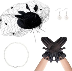 4 Pieces Fascinator Hat for Women Tea Party Include Mesh Hats Gloves Necklace Earring