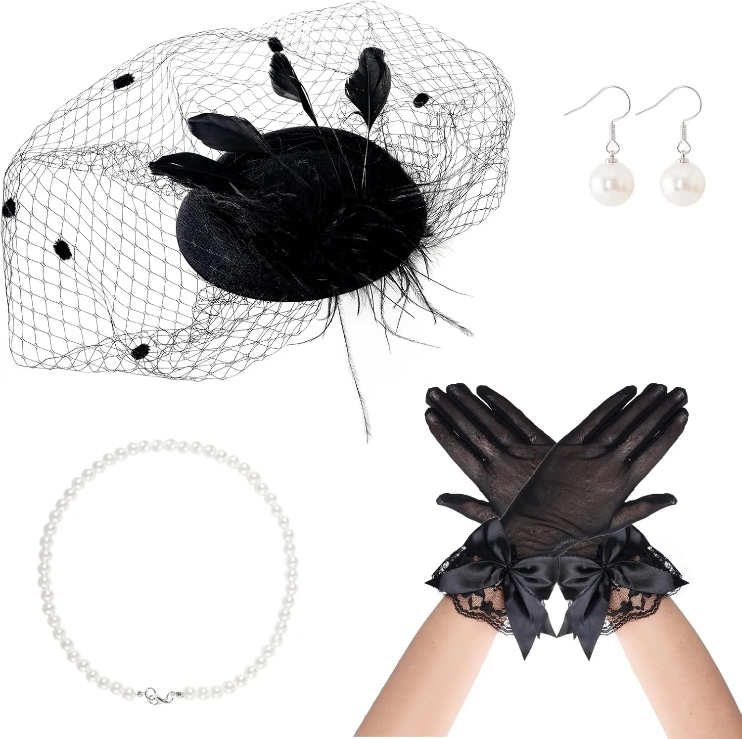 4 Pieces Fascinator Hat for Women Tea Party Include Mesh Hats Gloves Necklace Earring