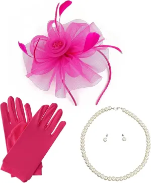 4 Pieces Women 20s Vintage Fascinator Hat Set with Pearl Necklace Earrings and Gloves for Tea Party Hats, Wedding, Derby Events - Hot Pink