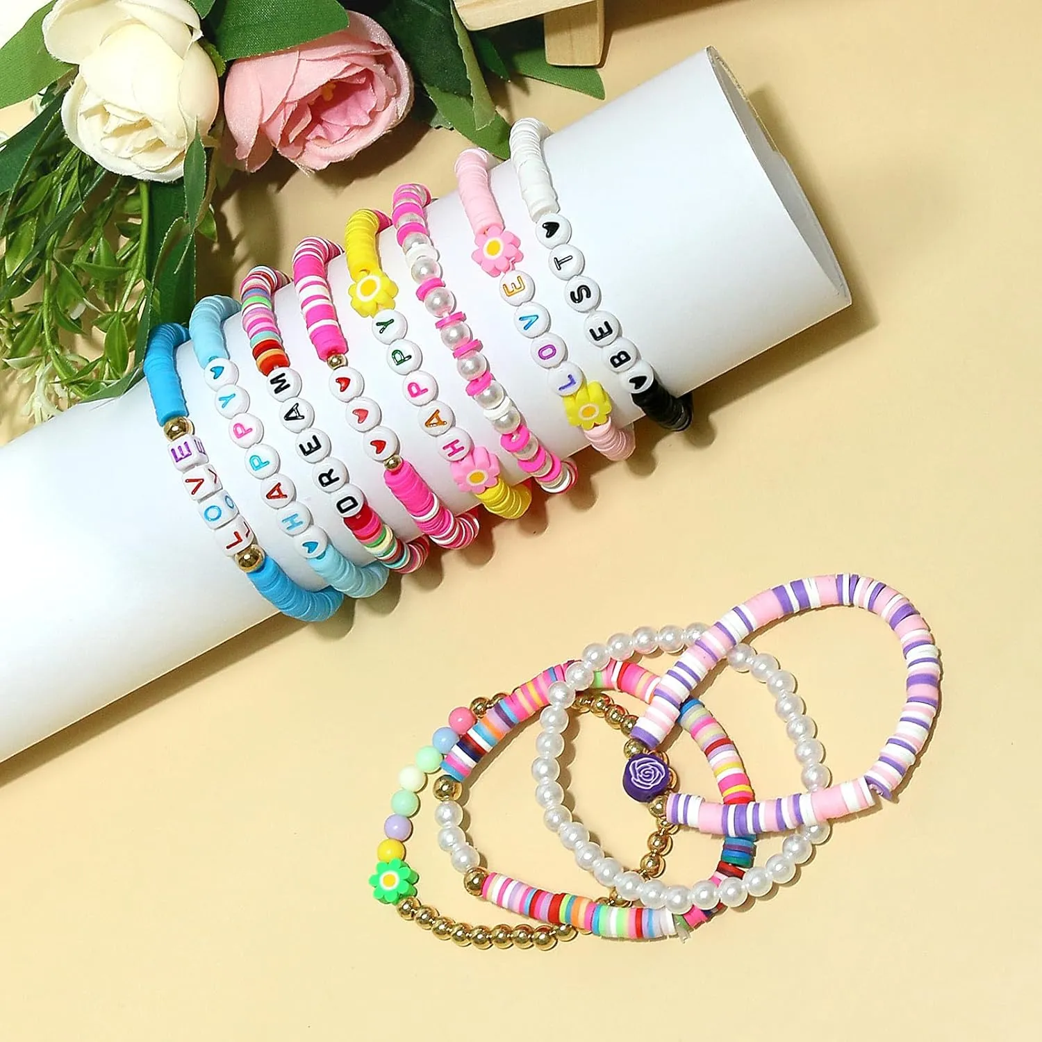 40 Pcs Bracelets for Women Stretch Stackable Elastic Layering Friendship Bracelet, Boho Summer Beach Jewelry Party Favors Gift Party Supplies