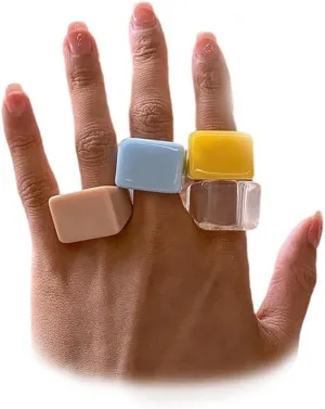 4Pcs Chunky Acrylic Wide Band Rings Stackable for Women Trendy, Unique Colorful Thick Plastic Square Ring Set Stack Knuckle Finger Y2K Party Jewelry Gift