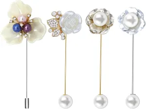 4Pcs Crystal Pearl Flower Stick Pins Brooch Set Elegent Rhinestone Resin Floral Suit Shirt Lapel Brooches Pin Fashion Jewelry Boutonniere for Men Women Gold