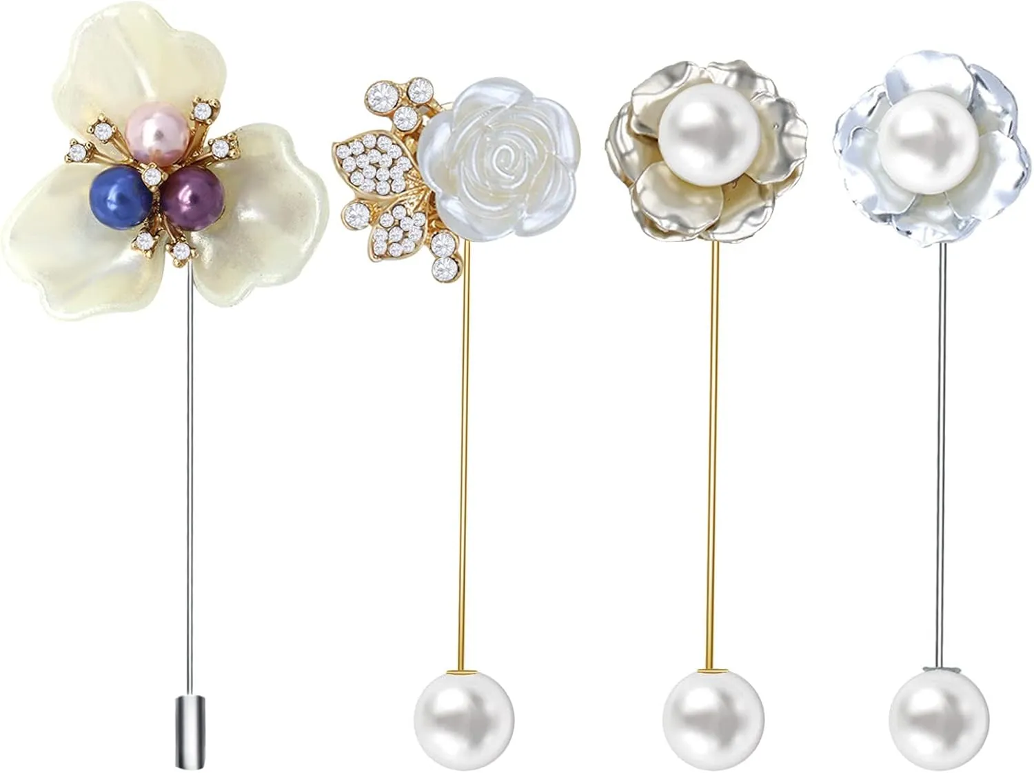 4Pcs Crystal Pearl Flower Stick Pins Brooch Set Elegent Rhinestone Resin Floral Suit Shirt Lapel Brooches Pin Fashion Jewelry Boutonniere for Men Women Gold